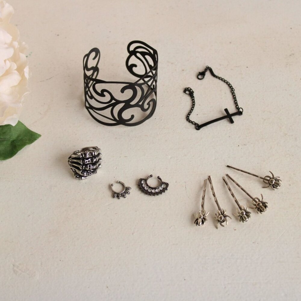 Jewelry Lot, Goth Style Bracelets, Skeleton ring, Spider hair Pins,  Septum Ring